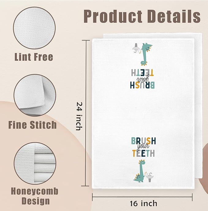 Funny Dinosaur Bathroom Hand Towels Set of 2, Dinosaur Gifts for Kids, Kids Bathroom Decor, Brush Your Teeth Wash Your Hands Hand Towels for Bath Room Washroom Toilet, 16x24 Inch