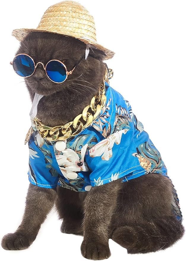 Hawaiian Dog T Shirts Pet Summer Clothes Cat Sunglasses Funny Straw Hat Kitten Costumes with Gold Chain Collar (Medium,Blue)