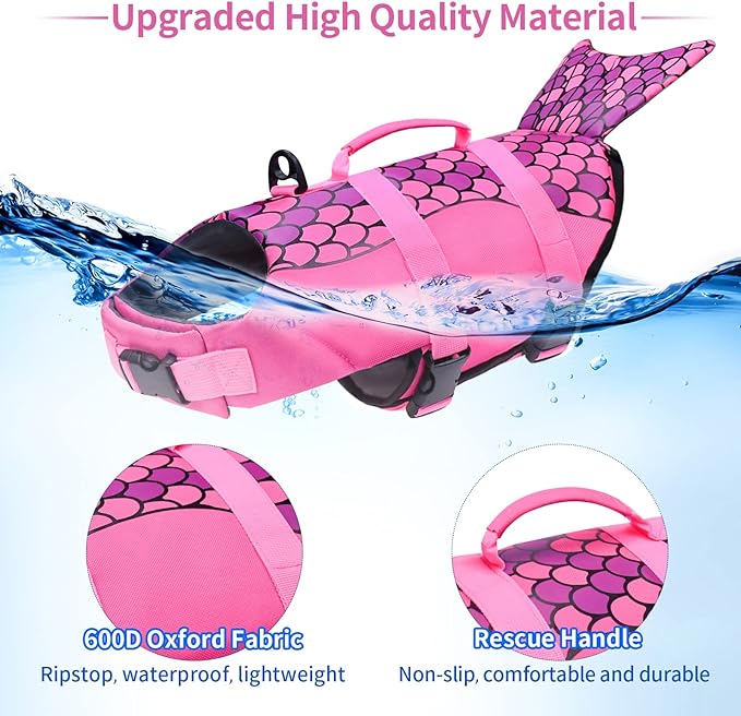 Malier Dog Life Jacket, Ripstop Dog Life Vest with High Buoyancy for Swimming Boating, High Visibility Shark Puupy Lifesaver for Small Medium Large Dogs (Pink #1, X-Large)