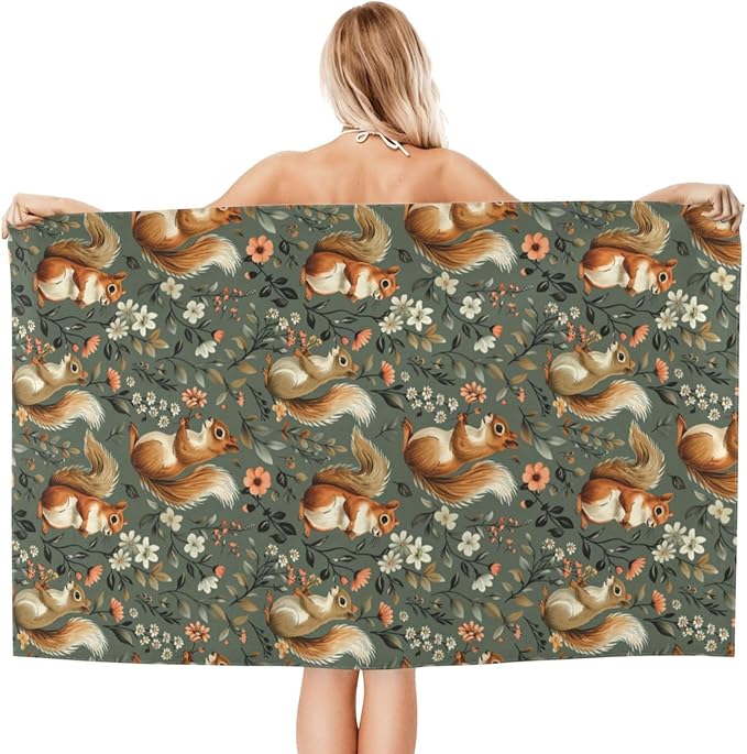 Squirrel Beach Towel,32x52in Microfiber Quick Dry Cute Woodland Animal Flowers Green Bath Towels,Soft Lightweight Oversized Sand Free,for Travel Pool Swimming Gym Decor,Gifts