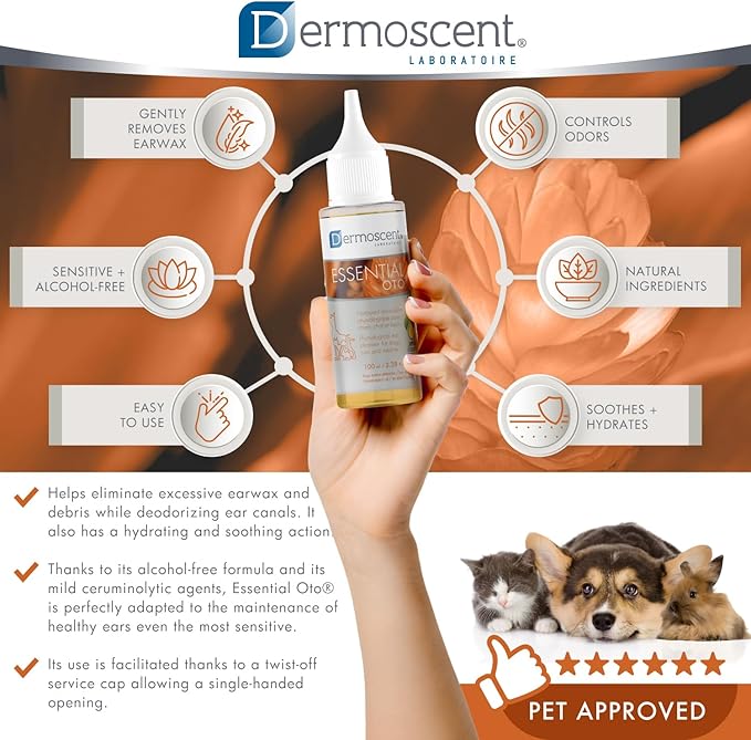 Dermoscent Essential OTO Ear Cleaner for Dogs, Cats, and Rabbits | 100% Natural Formula with Hemp Seed Oil, Gentle Earwax Removal, Odour Control, Ideal for Sensitive Ears
