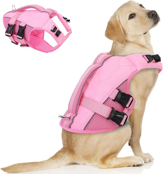ASENKU Dog Life Jacket, High Floatation Dog Swimming Vest with Rescue Handles for Small Medium Large Dogs, Pet Safety Swimsuit Preserver for Pool Beach Boating (LightPink, L)