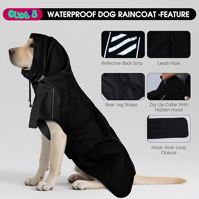 Dog Raincoats for Large Dogs with Hood, Waterproof Dog Rain Coat with Leash Hole, Reflect Strips, Ideal for Rain, Snow, Windy Weather & Outdoor Walks, Camping, Hiking - Black L