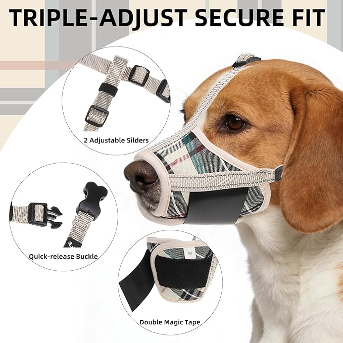 PUPTECK Dog Muzzle, Soft Adjustable Loop Reflective Pet Muzzle Prevent Biting Barking Chewing, Breathable Muzzle with Air Mesh Dog Mouth Guard Drinkable for Large Medium Small Sized, Beige Plaid L