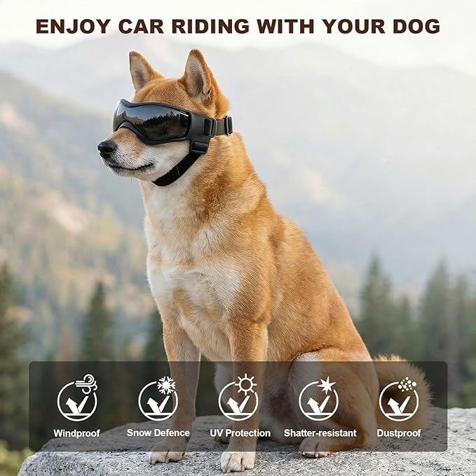Goggles for Dogs, Ownpets Dog Glasses UV Protection Goggles Snow Protection Wind Protection Dust Protection with Adjustable Strap (Black, Medium)