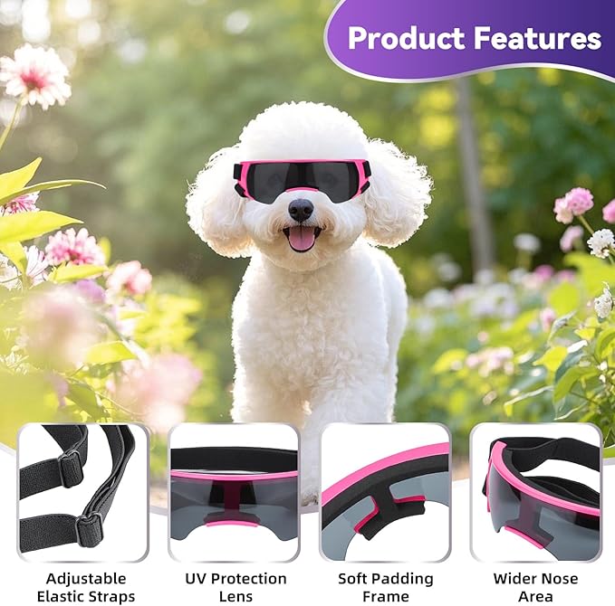 ENJOYING Dog Sunglasses Small Breed, Anti-UV Puppy Goggles for Small Dogs, Windproof Outdoor Dog Eye Protection for Driving Biking, Adjustable Head Straps, Cute Pink