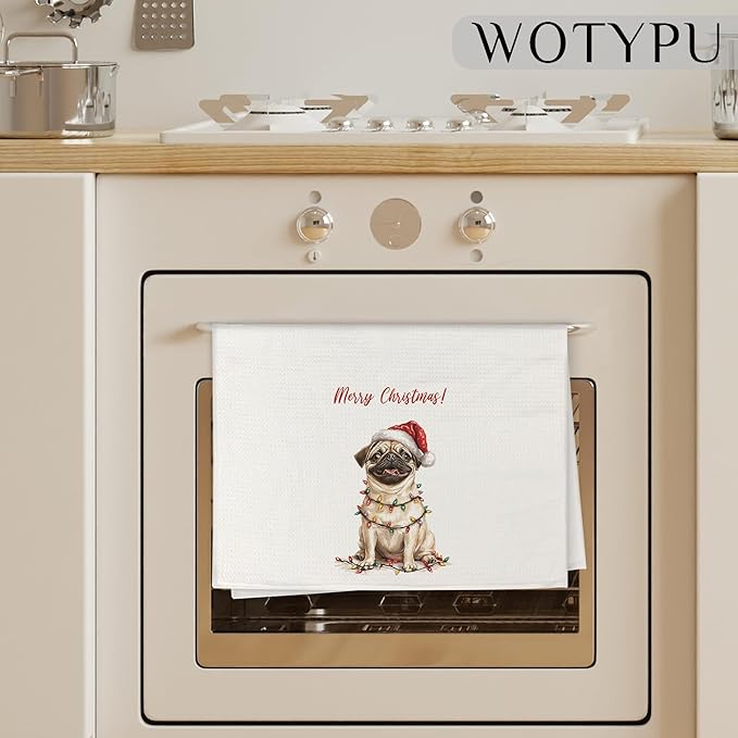 Pug Christmas Kitchen Towels, Pug Gifts for Women Men Dish Tea Towels, Dog Lover Gifts Decorative Hand Towel for Bathroom, Christmas Bathroom Decor, 16X24 Inch