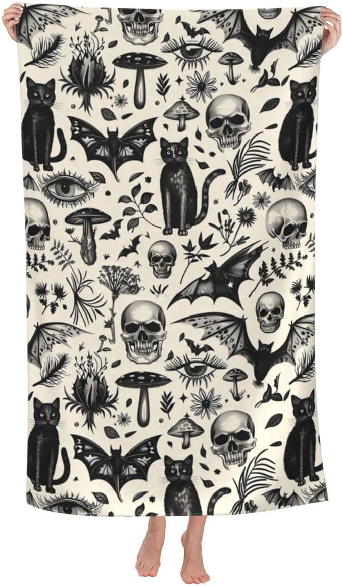 Gothic Retro Beach Towel,32x52in Microfiber Quick Dry Black Cat Skull Bat Mushroom Vintage Goth Bath Towels,Soft Lightweight Oversized Sand Free,for Travel Pool Swimming Decor