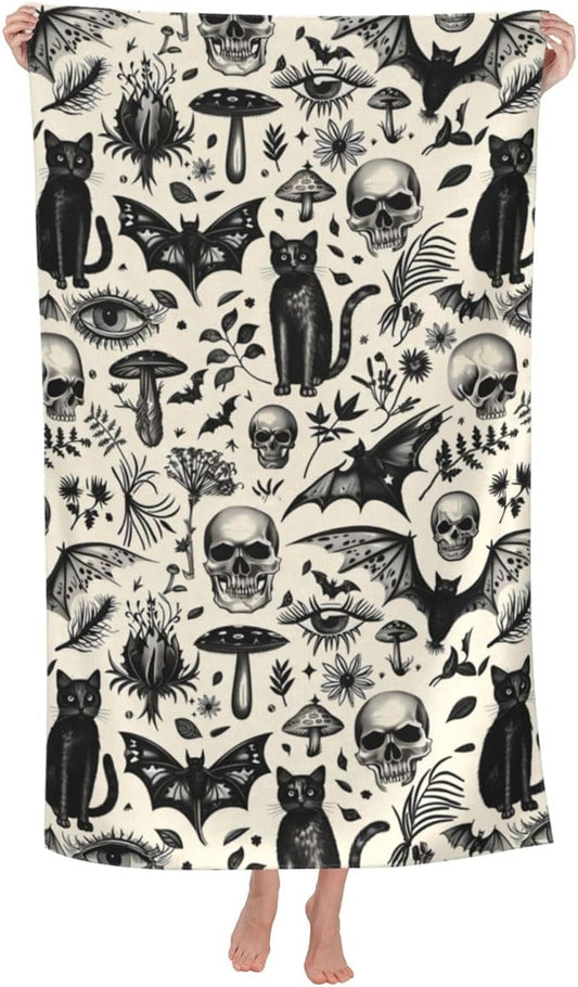Gothic Retro Beach Towel,32x52in Microfiber Quick Dry Black Cat Skull Bat Mushroom Vintage Goth Bath Towels,Soft Lightweight Oversized Sand Free,for Travel Pool Swimming Decor