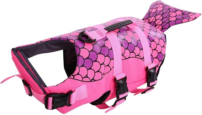 Queenmore Dog Life Jacket Ripstop Shark Dog Safety Vest Adjustable Preserver with High Buoyancy and Durable Rescue Handle for Small,Medium,Large Dogs, Pink Fish Medium
