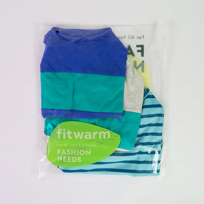 Fitwarm 3 Pack Color Block Striped Dog Shirt, Summer Dog Clothes for Small Dogs, Breathable Lightweight Pet Tshirt with Sleeves, Cat Outfit, Royal Blue, Gray, Teal, Medium