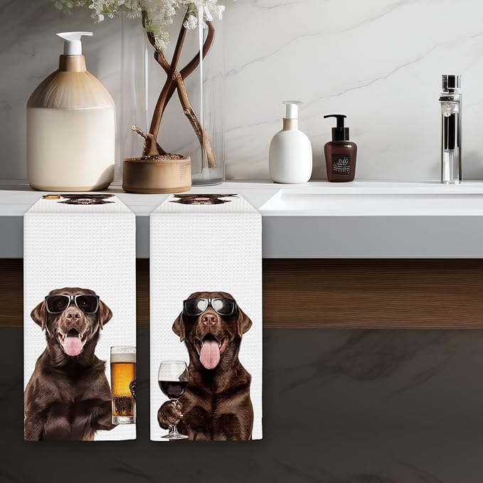 Chocolate Lab Gifts Wine Kitchen Towels Set of 2, Funny Chocolate Labrador Retriever Wine Lover Decorative Hand Dish Towel for Kitchen Home Bar, Gifts for Beer Lovers Home Bar Decor(16x24Inch)
