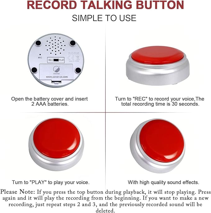 Recordable Button Voice Recording Button Dog Buttons for Communication Game Buzzer 30 Seconds Recordable Answer Buzzers Funny Gift for Office Home (Silver)