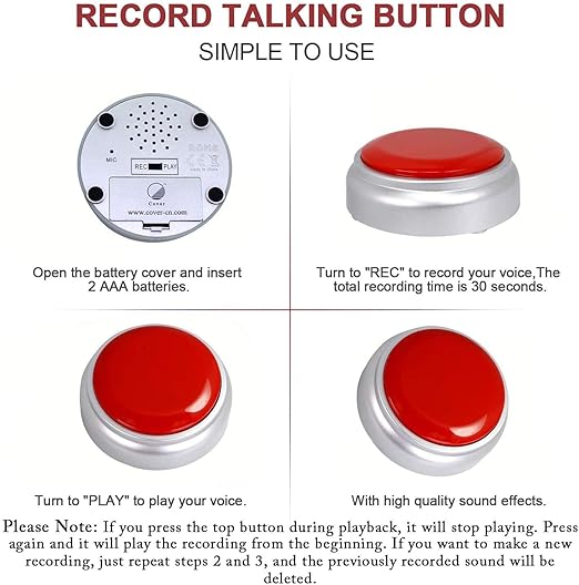 Voice Recording Button Talking Sound Buttons Recordable Button Easy Button Recording 30S Message Dog Buttons for Communication Battery Included(Red+Silver)