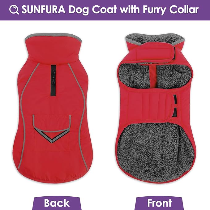 SUNFURA Small Dog Coat, Warm Dog Jacket with Zippered Leash Hole, Reflective Pet Winter Coat Fleece Jacket with Adjustable Furry Collar for Small Dogs Schnauzer, Yorkshire Terrier, Red S