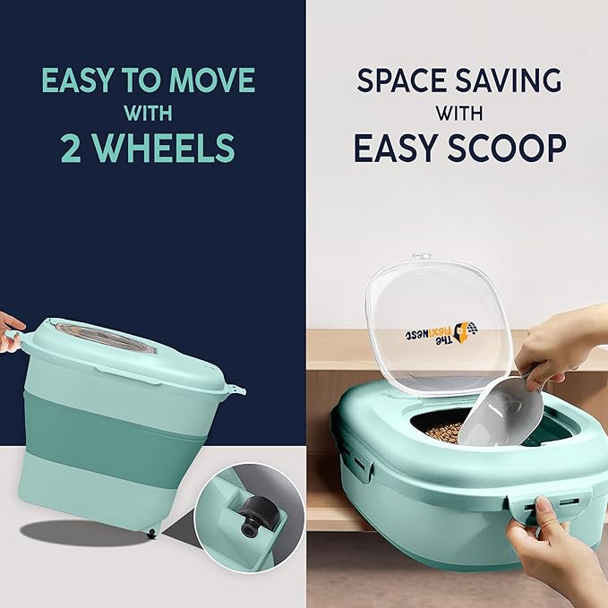 Dog Food Storage Container 30-35 lb, Airtight Collapsible Cute Dog Food Container with Wheels & Scoop, Stackable Pet Food Storage Container for Dog & Cat Food (Green)