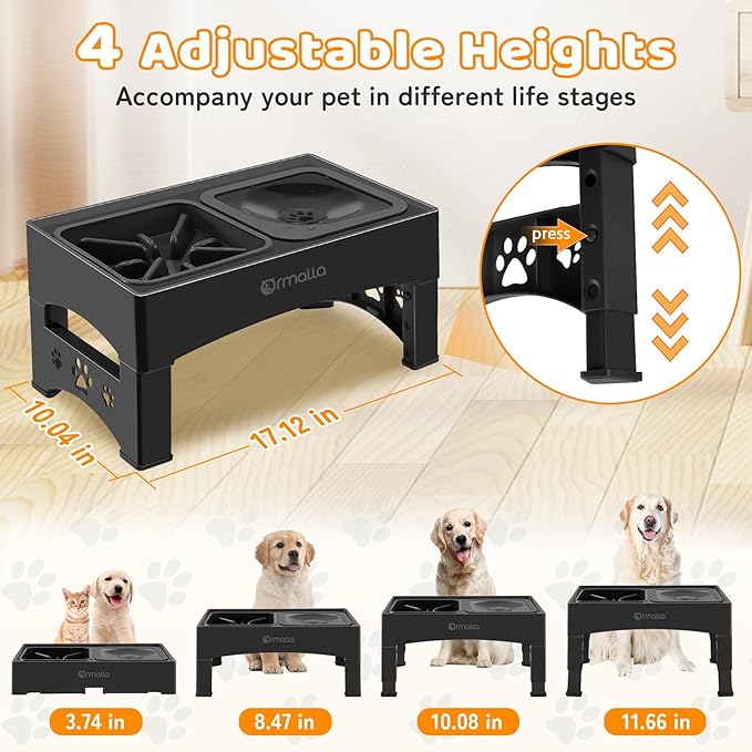 Elevated Slow Feeder Dog Bowls, Adjustable Raised Dog Bowl with No-Spill Water Bowl, Non-Slip Stand for Large, Medium, Small Dogs - 4 Heights: 3.7", 8.5", 10.1", 11.7" - Black