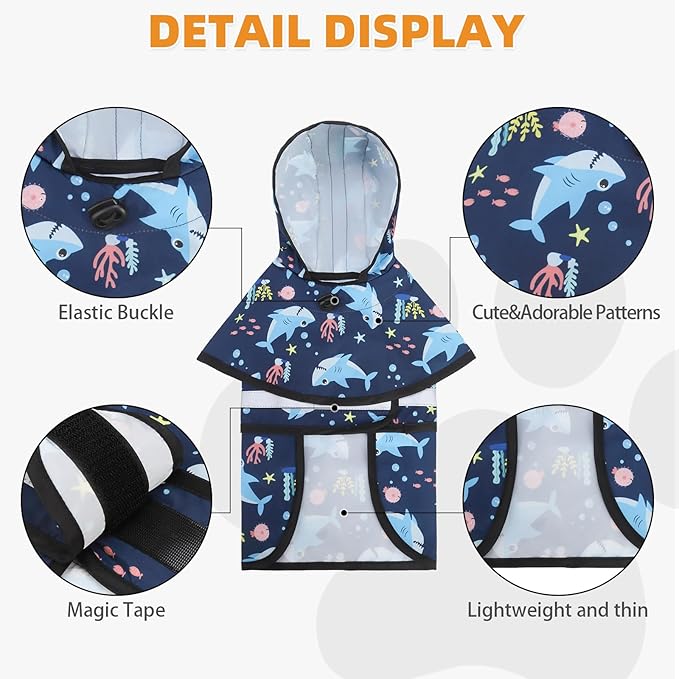 KOOLTAIL Dog Raincoat Hooded Slicker Poncho with Leash Hole, Dog Raincoat for Small Medium Dogs,Waterproof Plush Fleece Lining Pet Rain Jacket with Reflective Adjustable Strip Puppy Rainwear Shark M