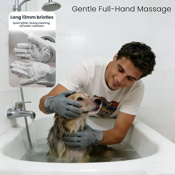 6 Pack Dog Towels for Drying Dogs, Bath Supplies Bath Grooming Kit for Pets, Pet Bath Towel Super Absorbent Set with Hair Brush, Washing Gloves for Large or Small Cats,Grey