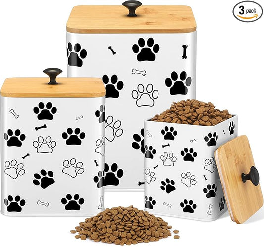 Airtight Dog Treat Container Set of 3 with Bamboo Lids Metal Treat Jars for Countertop Decorative Pet Snack Storage Canister Kitchen Biscuit Holder(White)