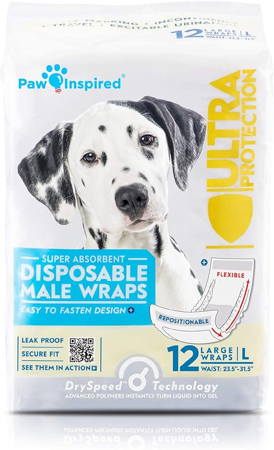 Paw Inspired Disposable Male Dog Wraps, Belly Band for Dogs | Disposable Dog Diapers | Belly Bands for Male Dogs (12 Count, Large)