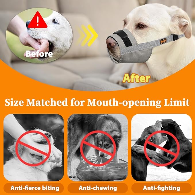 Mayerzon Dog Muzzle for Large Medium Small Dogs, Adjustable Fit, Soft & Sturdy Fabric, Prevents Fierce Barking Biting Chewing, Ideal for Grooming Walking Vet Visits, Allows to Pant Drink (Grey, XL)