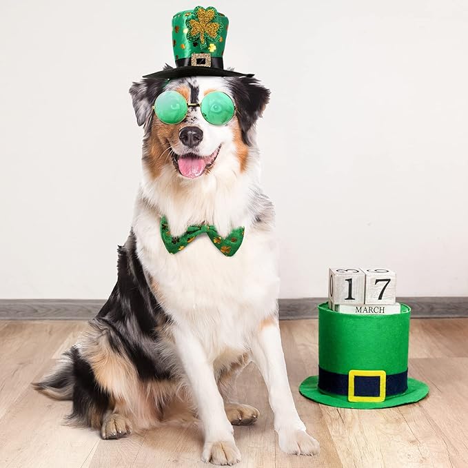 Yaomiao 3 Pcs St Patrick's Day Dog Costume, St. Patty's Day Doggie Outfit Hat Headband Green Round Pet Sunglasses and Green Shamrock Bow Tie Set for Medium Large Dogs