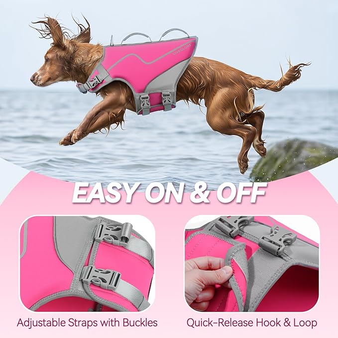 VIVAGLORY Neoprene Dog Life Vest, Dog Life Jacket for Swimming & Boating, Lightweight & Buoyancy for Puppy Doggy, Swimming Vest with Handle, XL, Pink