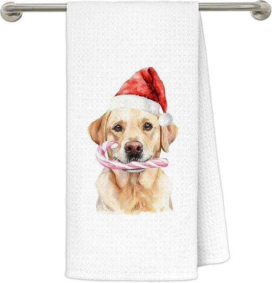 Christmas Labrador Retriever Kitchen Dish Towels, Labrador Retriever Gifts for Women, Funny Santa Hat Candy Cane Dog Holiday Decorative Hand Tea Towels for Bathroom, 16x24 Inch