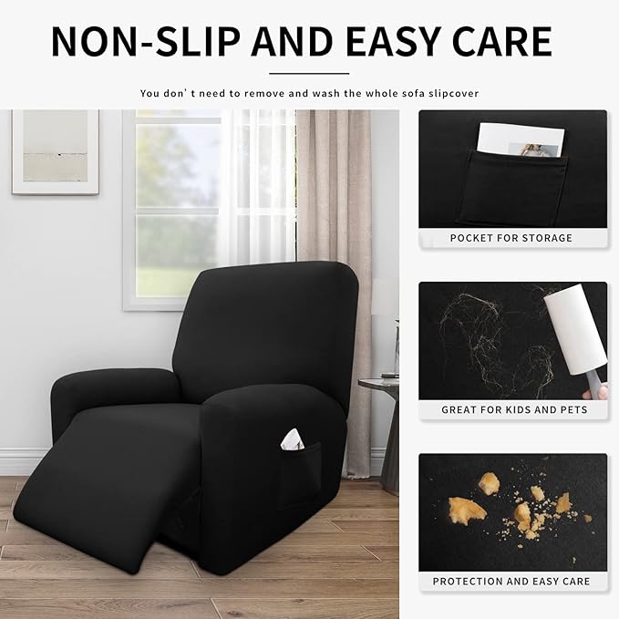 Easy-Going 4 Pieces 100% Dual Waterproof Recliner Cover Stretch Soft Couch Cover for Dogs, Sofa Slipcover for Recliner Couch Leakproof Furniture Protector for Kids, Pets Black