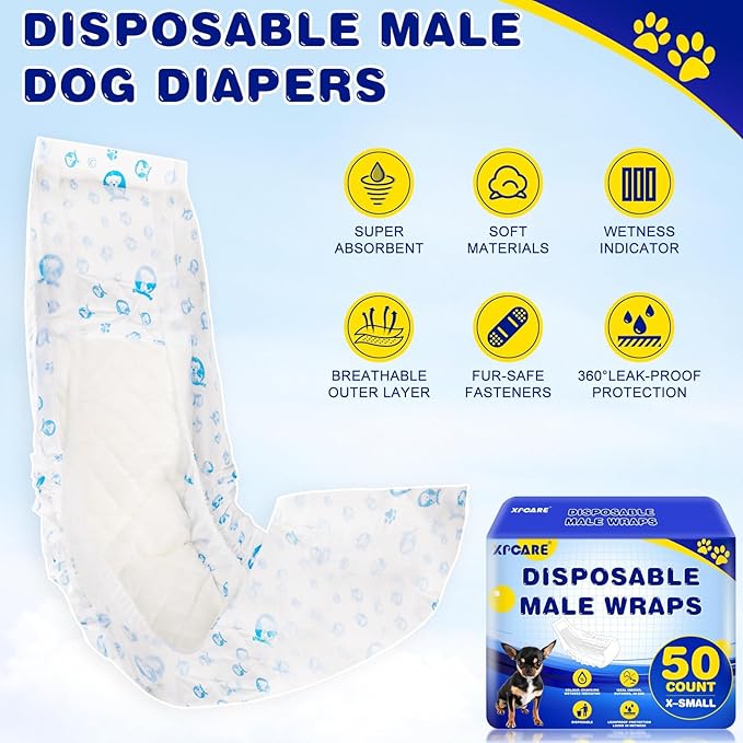 XPCARE 50 Count Disposable Male Dog Diapers, Male Dog Wraps,Super Absorbent Leak-Proof Fit (X-Small)