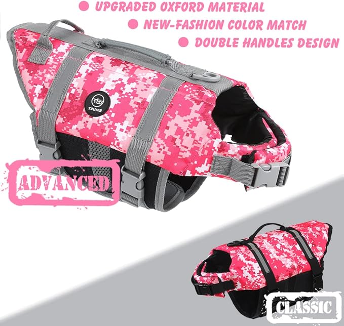 EMUST Dog Life Jackets - High Buoyancy Flotation Vests for Swimming, Beach & Boating - S, New Pink Camouflage