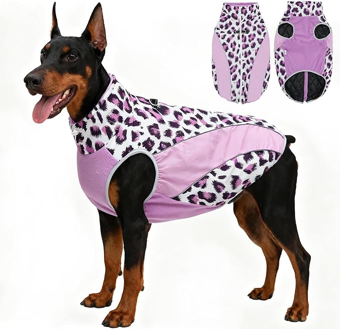 Dog Coats for Large Dogs with Harness Built in, Waterproof Dog Jacket Warm Pet Winter Coat Snowsuit for Cold Weather, Reflective Fleece Windproof Jacket, Purple, U-LDMF05XL