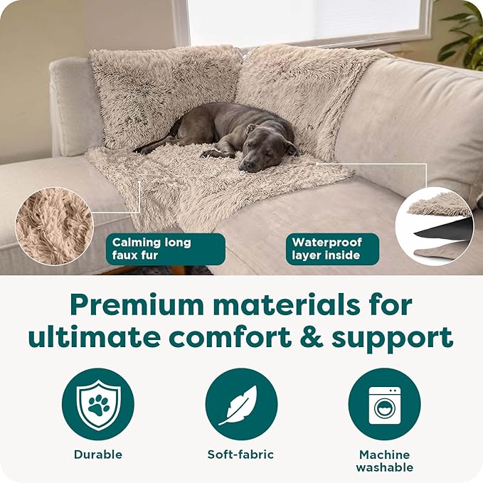 Furhaven Corner Cushion Seat Cover for Dogs & Cats, Washable, For Couches, Sectional Sofas, & L Shaped Couches - Snuggle Spot Shaggy Long Faux Fur Corner Throw - Taupe, One Size