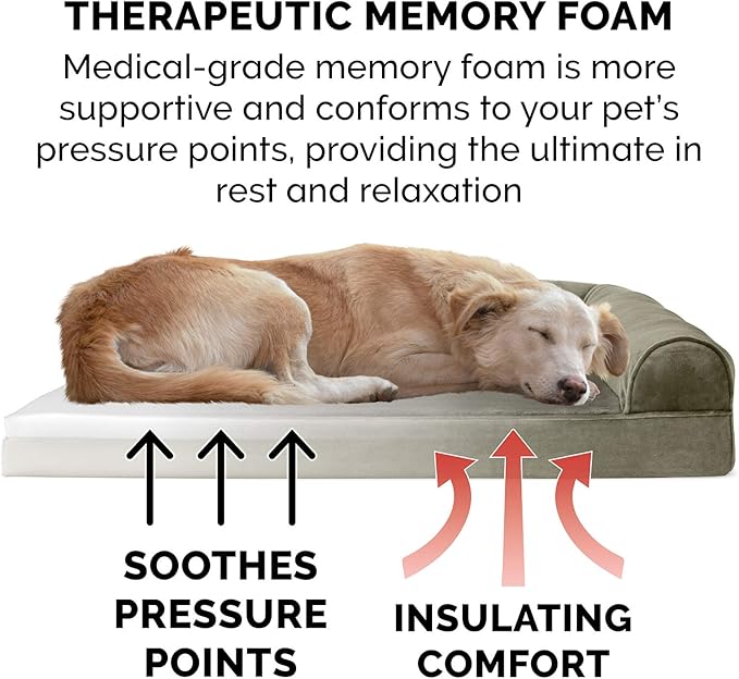 Furhaven Memory Foam Dog Bed for Large Dogs w/ Removable Bolsters & Washable Cover, For Dogs Up to 125 lbs - Faux Fur & Velvet Sofa - Dark Sage, Jumbo Plus/XXL