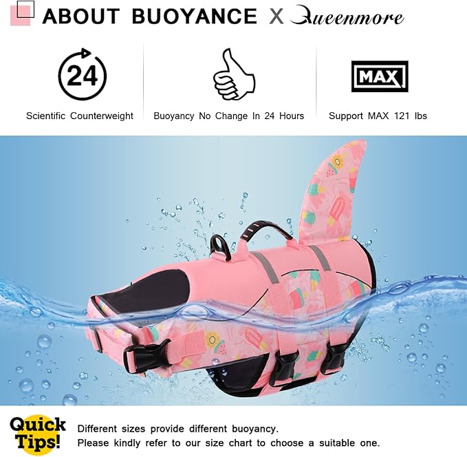 Queenmore Dog Life Jacket High Flotation, Reflective Dog Life Vests for Swimming, Adjustable Dog Life Preserver Rescue Handle Spring Summer Pool for Small, Medium, Large Dogs (Pink Ice Cream,XXL)
