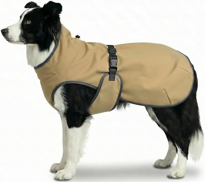 Dog Winter Vest with Fur-Safe Buckle (No Hook & Loop), Water-Repellent Fleece Lined Jacket, 360° Reflective, Leash Hole & Leg Straps, Adjustable for Hiking & Active Dogs (Brown, Large)