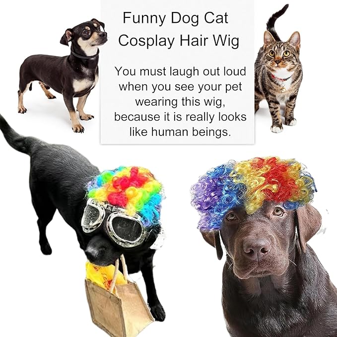 Funny Dog Wig Pet Costumes, Cat Costume Synthetic Hairpiece Cosplay Wigs, Headwear for Halloween Christmas Festivals Party Decor, Fancy Dress,Average Size for Most Dog Cat,Colorful Curly