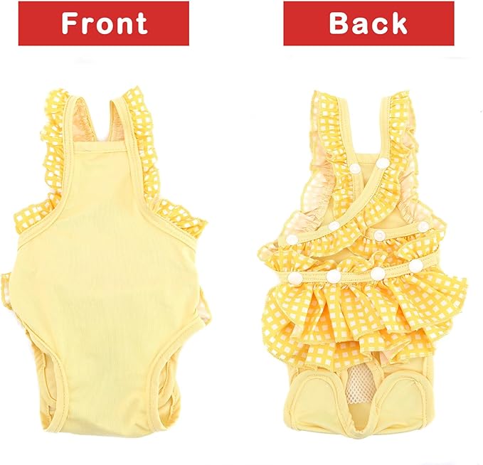 Zunea Washable Female Small Dog Diapers for XS/S Size Dogs Adjustable Suspender Reusable Puppy Sanitary Diaper Pantie Cute Plaid Nappies Skirt for Doggy Chihuahua Yorkie in Heat Yellow M