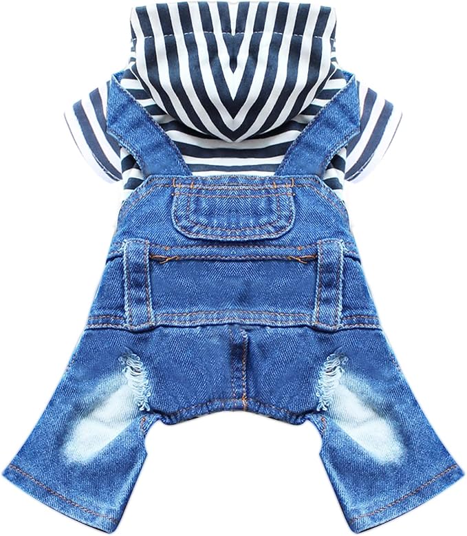 Small Dog Hoodie Clothes Cute Stripe Shirts Denim Jumpsuit One-Piece Outfit for Small Medium Dogs Cats Boy Girl Chihuahua Blue Jeans Overalls Puppy Costume (Blue,XXL)