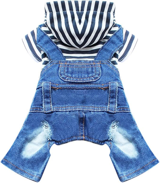 Small Dog Hoodie Clothes Cute Stripe Shirts Denim Jumpsuit One-Piece Outfit for Small Medium Dogs Cats Boy Girl Chihuahua Blue Jeans Overalls Puppy Costume (Blue,XXL)