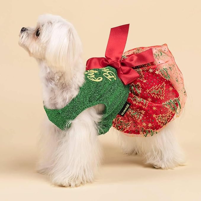 Fitwarm Furry and Bright Dog Christmas Outfit, Sparkly Pet Holiday Tulle Dress, Dog Winter Clothes for Small Dogs Girl, Dog Christmas Tree Outfit, Red, Green, Golden, Small