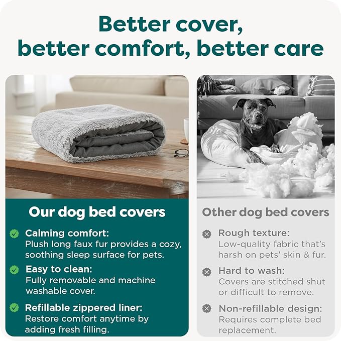 FurHaven Replacement Dog Bed Cover, Long Faux Fur for Calming Cuddlers, Machine Washable, Customizable Filling, Jumbo XL, Faux Fur, Misty Gray