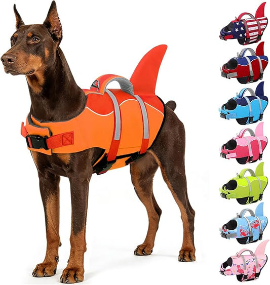 AOFITEE Dog Life Jacket, Dog Life Vest for Swimming, Shark Dogs Swimming Vest with Rescue Handle and Reflective Stripe, Ripstop Pet Float Coat Swimsuit Lifesaver Small Medium Large Dogs Orange L