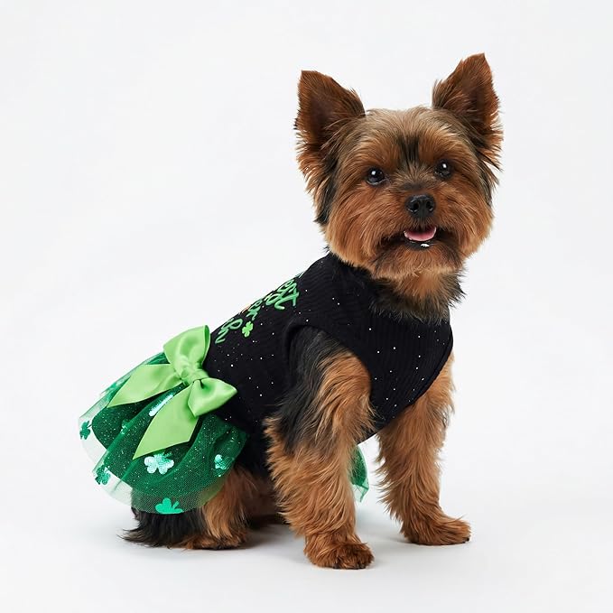 Fitwarm Cutest Clover in The Patch Dog Dress, St Patricks Day Dog Clothes for Small Dogs Girl, Funny Pet Cat Holiday Outfit, Black, Emerald Green, Small