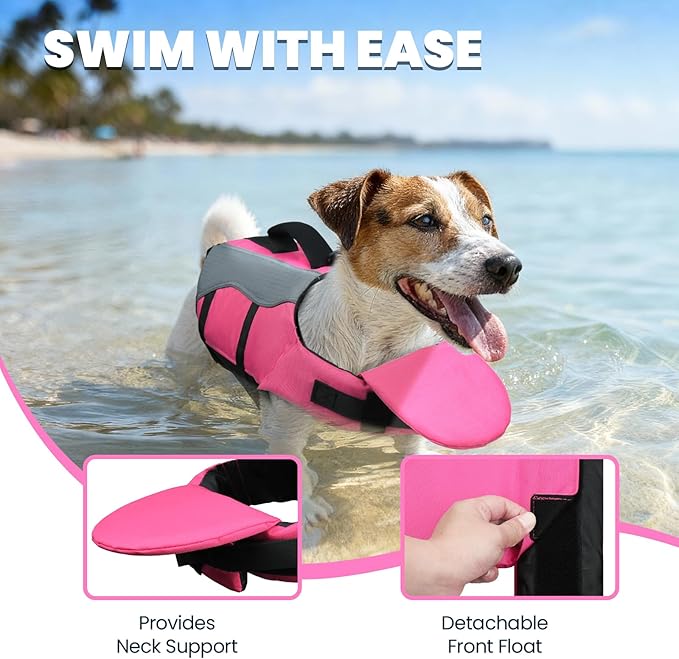 VIVAGLORY Front Float Dog Life Vest, Dog Life Jacket for Swimming & Boating, Swimming Vest with Chin Float & Handle, Ripstop & Buoyancy for Puppy Doggy, S, Pink