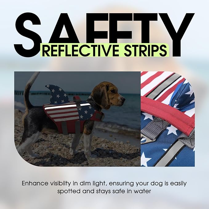 SUNFURA Dog Life Jacket Shark Life Vest for Dogs, Adjustable Swmming Vest with High Buoyancy, Safety Lifesaver with Rescue Handle for French Bulldog Small Medium Breeds, USA Flag L