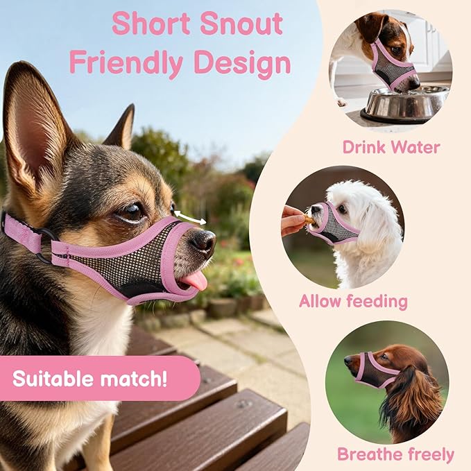 Mayerzon Mesh Dog Muzzle, Adjustable Muzzle for Small Medium Dogs, Prevent Fierce Barking Biting Eating, Ideal for Grooming Vet Visits Walking, Allow Panting & Drinking, Soft & Breathable (Pink, S)