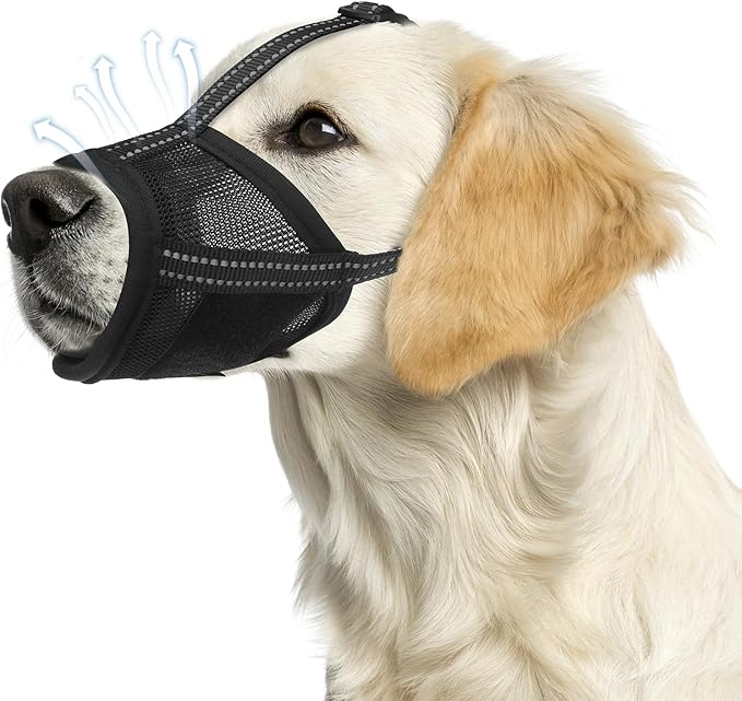 PAWCHIE Dog Muzzle, Soft Muzzle Anti Biting Barking Chewing, Comfortable Air Mesh Mouth Guard Breathable Adjustable Loop Pets Muzzle for Small Medium Large Dogs, Allows Panting Drinking, Black L