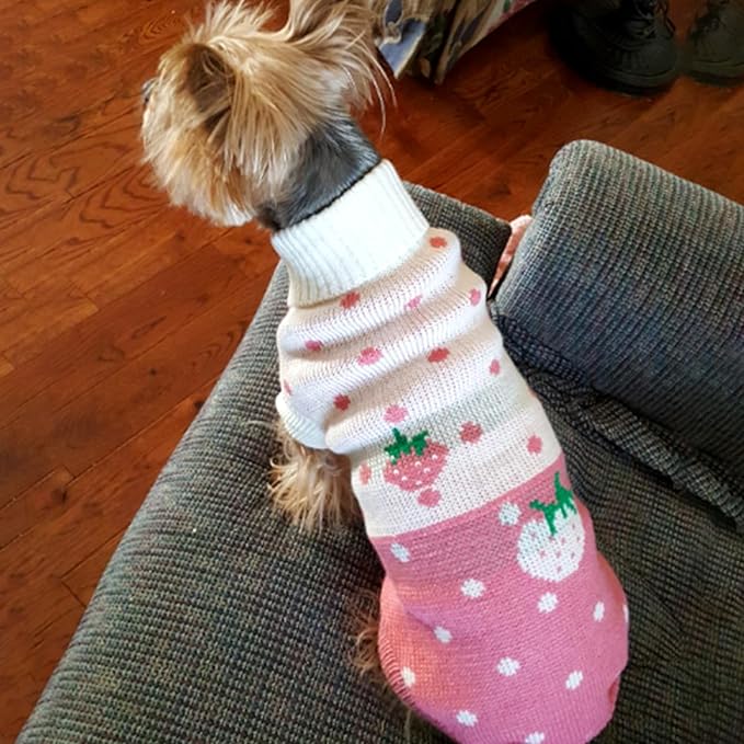 CHBORCHICEN Pet Dog Sweaters Classic Knitwear Turtleneck Winter Warm Puppy Clothing Cute Strawberry and Heart Doggie Sweater (Pink, Large)